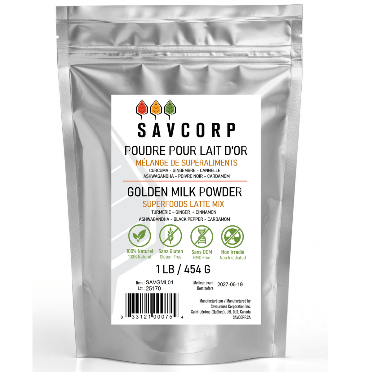 Mélange pour Lait d'or - Lait doré - Latté au curcuma - Savcorp - Herbes et Épices